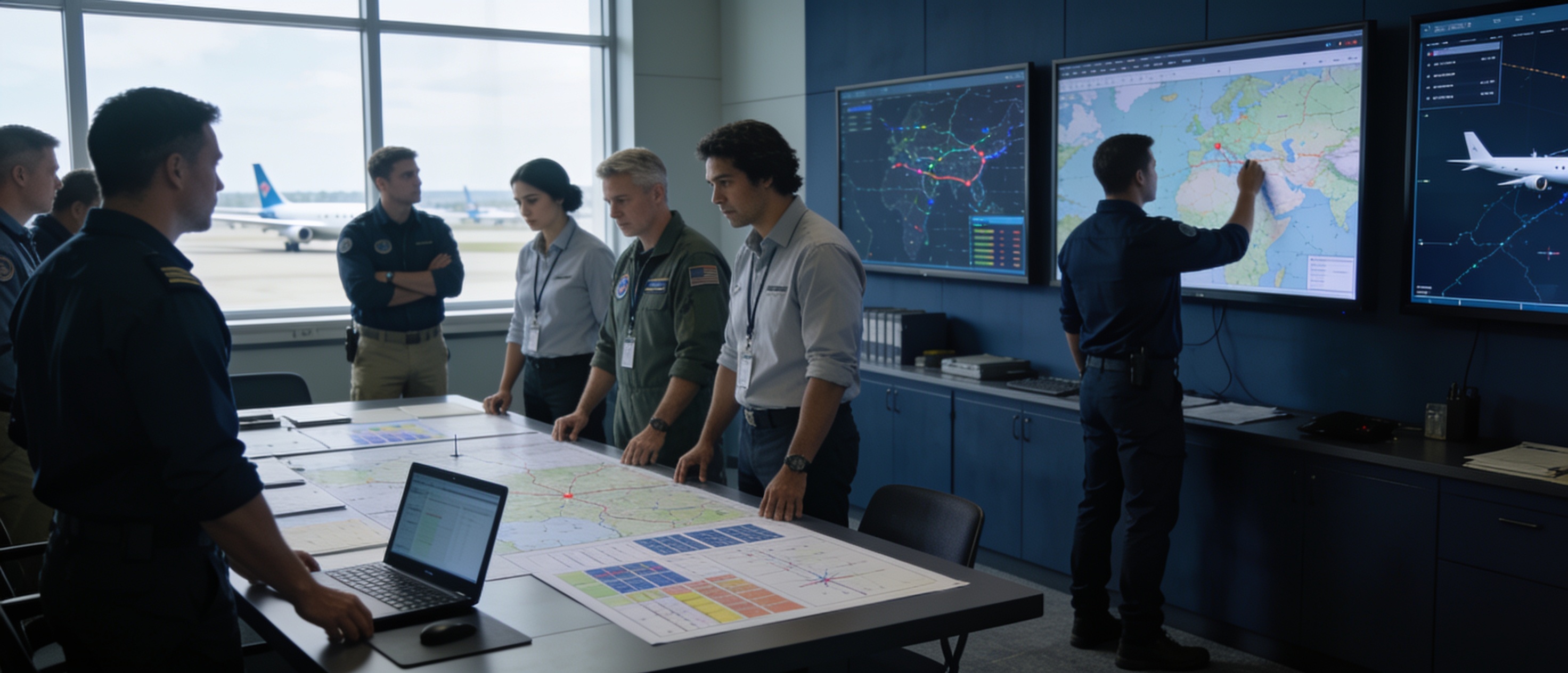Aviation operations team working together in a planning room