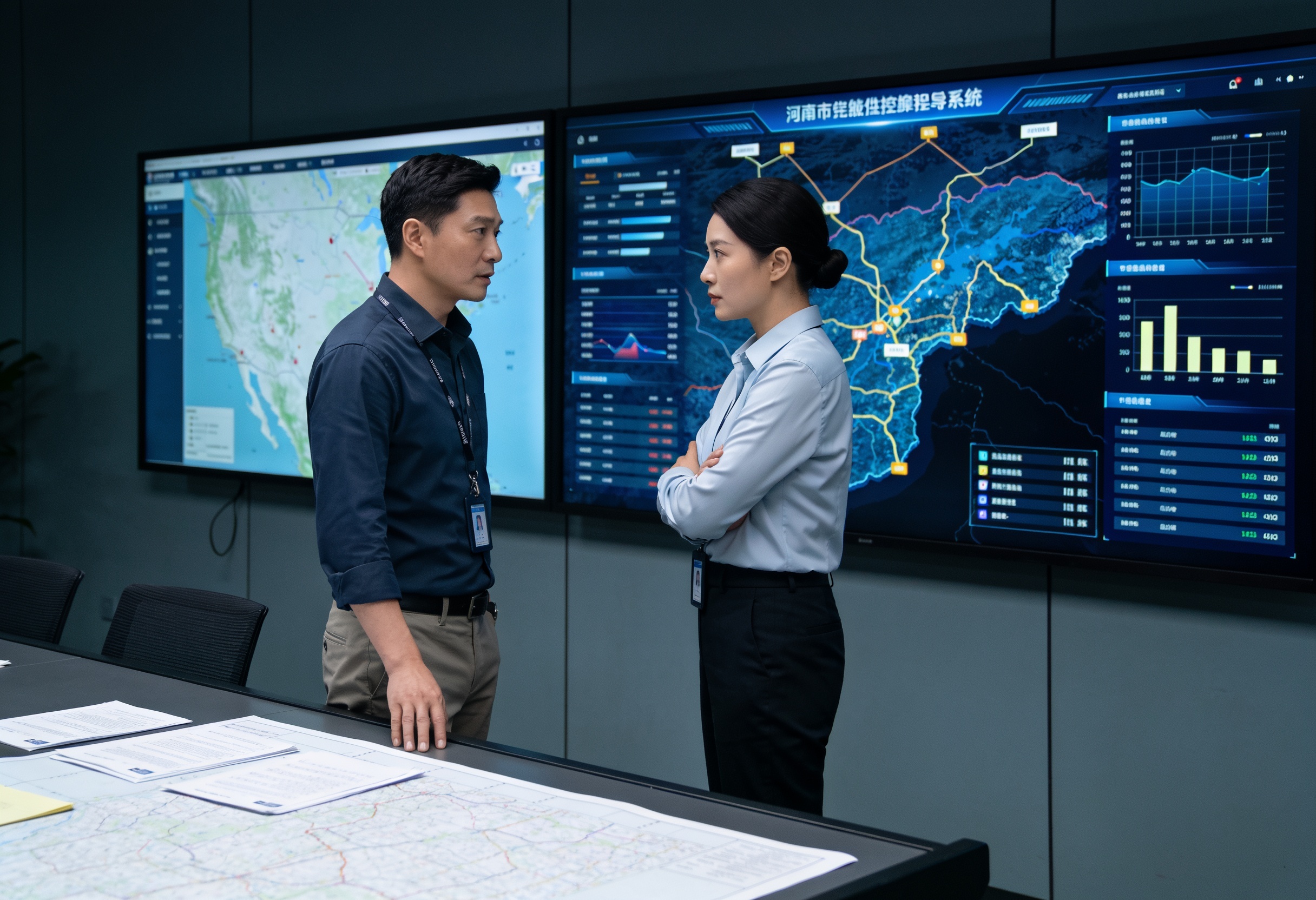 Two professionals discussing in front of operational planning displays