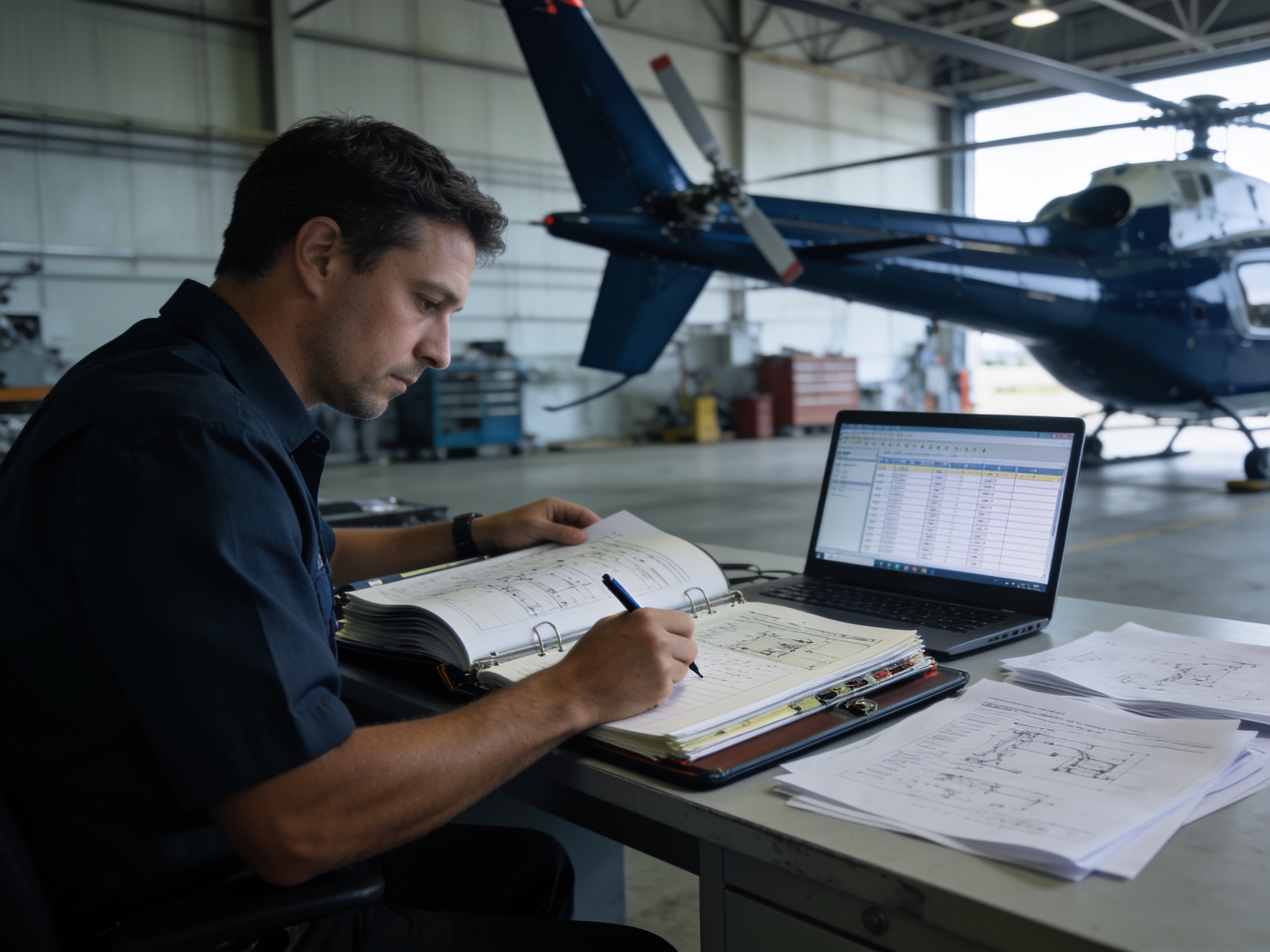 Airworthiness engineer reviewing maintenance records
