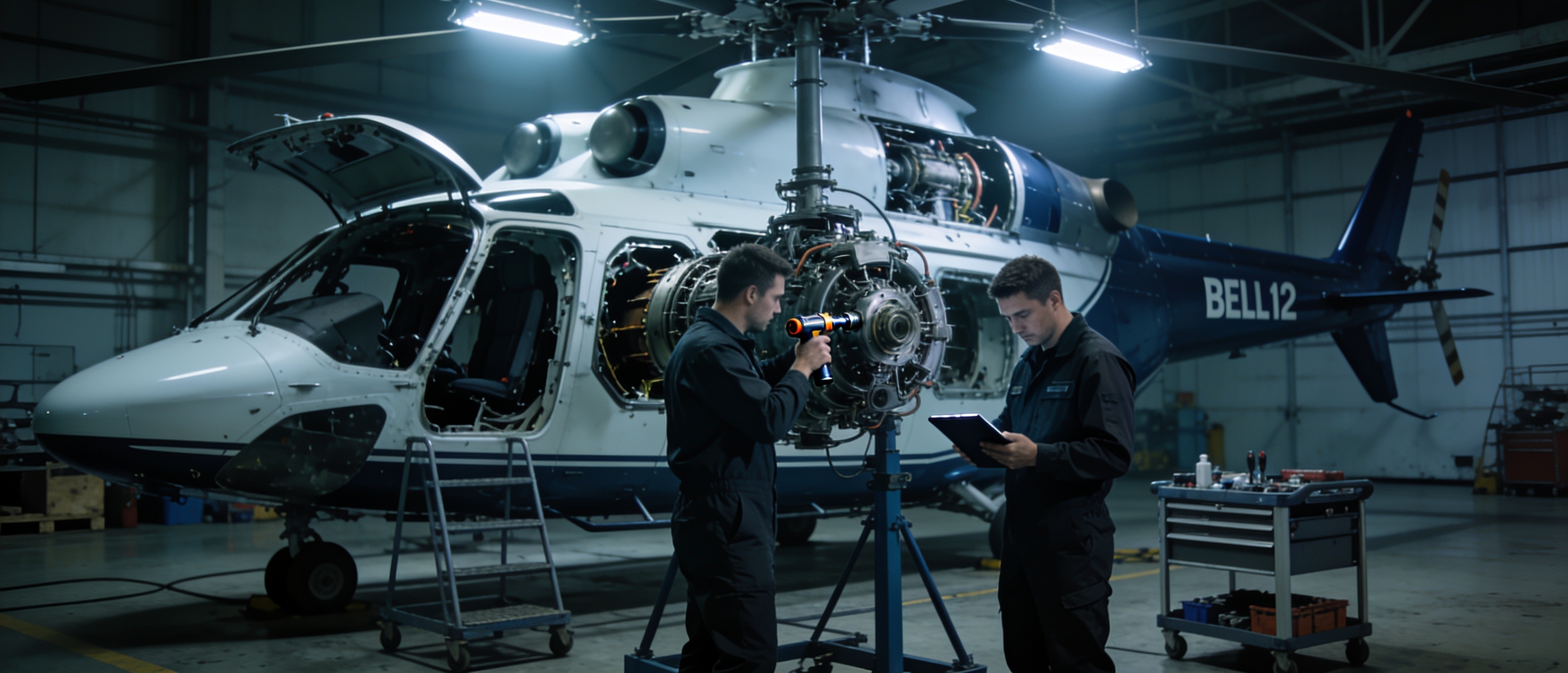 Engineers working on an open Bell 412 helicopter in a maintenance hangar