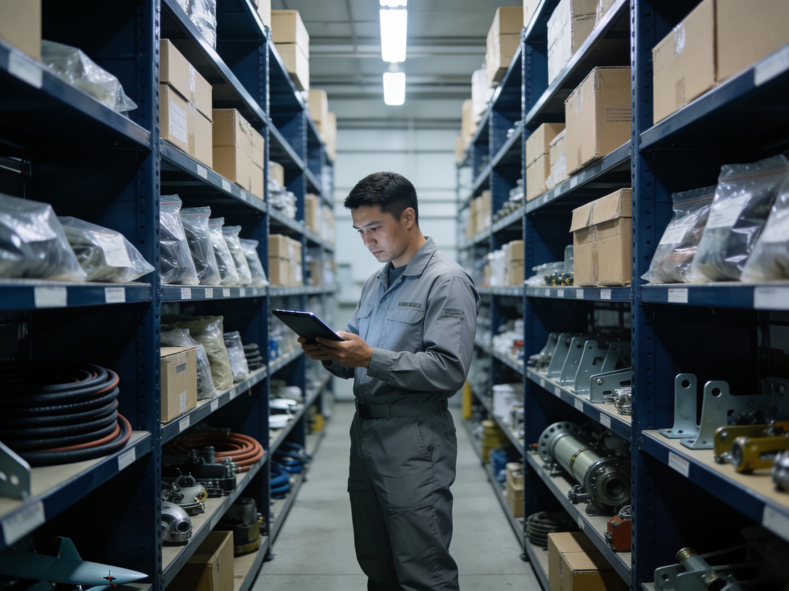 Aviation spare-parts warehouse with a technician checking inventory
