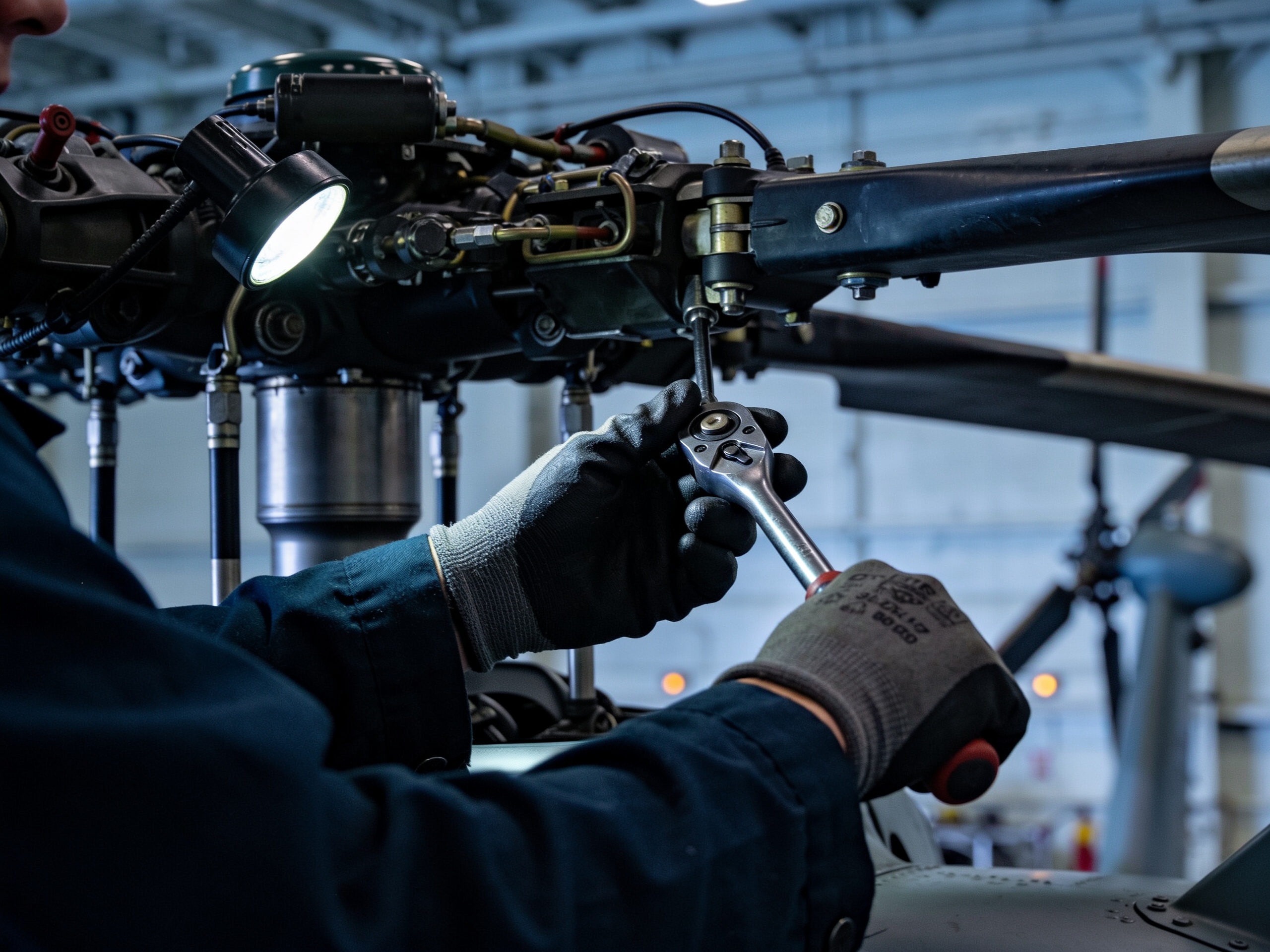 Engineer using a torque wrench on a Bell 412 main rotor head