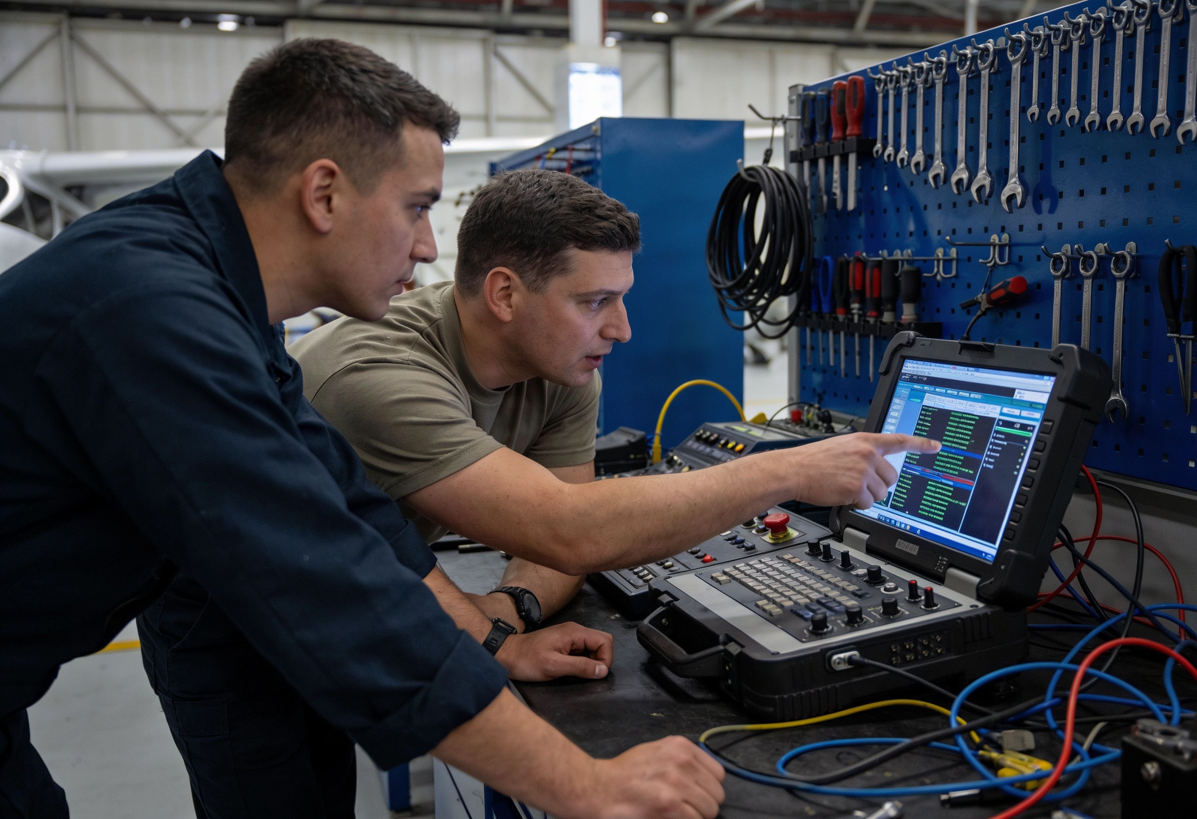 Instructor and technician reviewing an avionics test bench