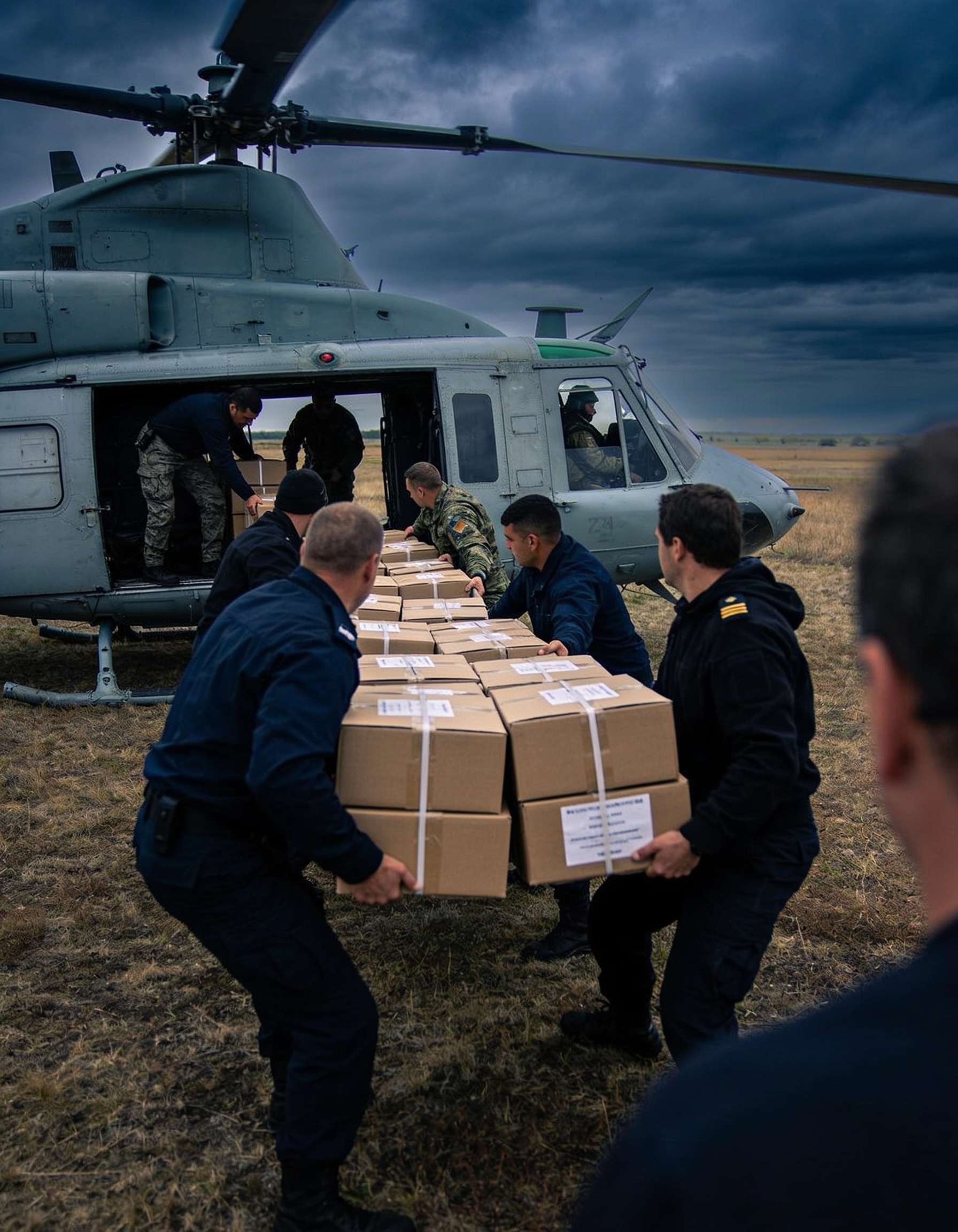 Crew unloading relief supplies from a helicopter