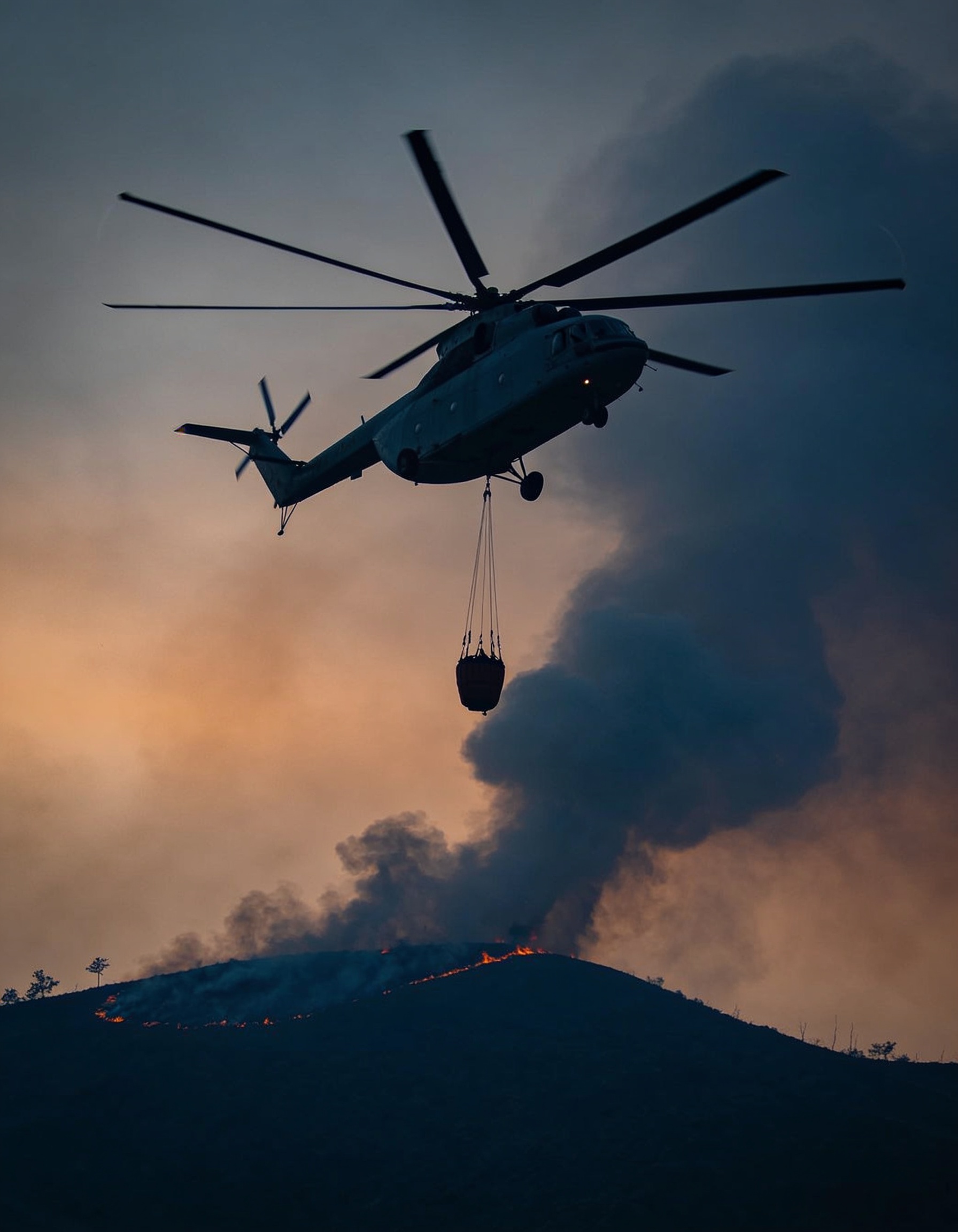 Helicopter carrying a water bucket toward a smoke ridge