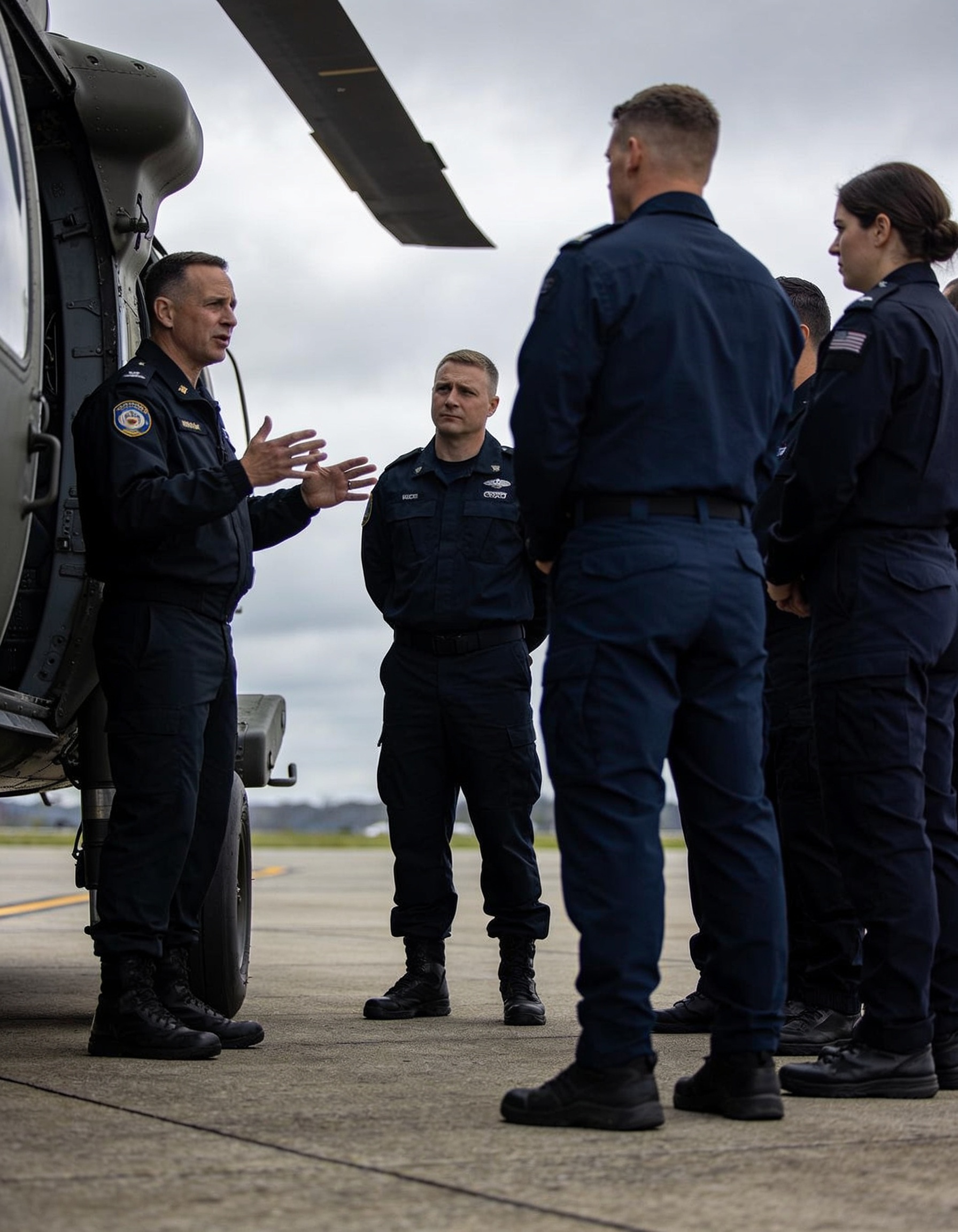 Government officials and crew briefing beside a helicopter