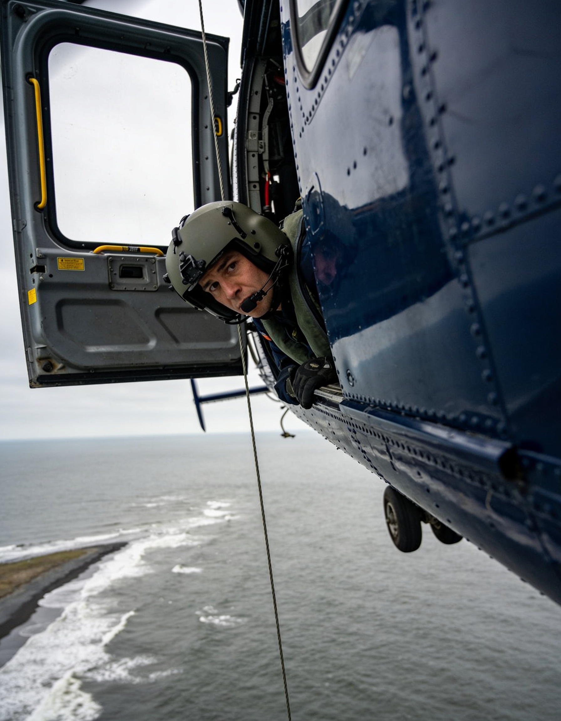 Search and rescue hoist operator over coastal water