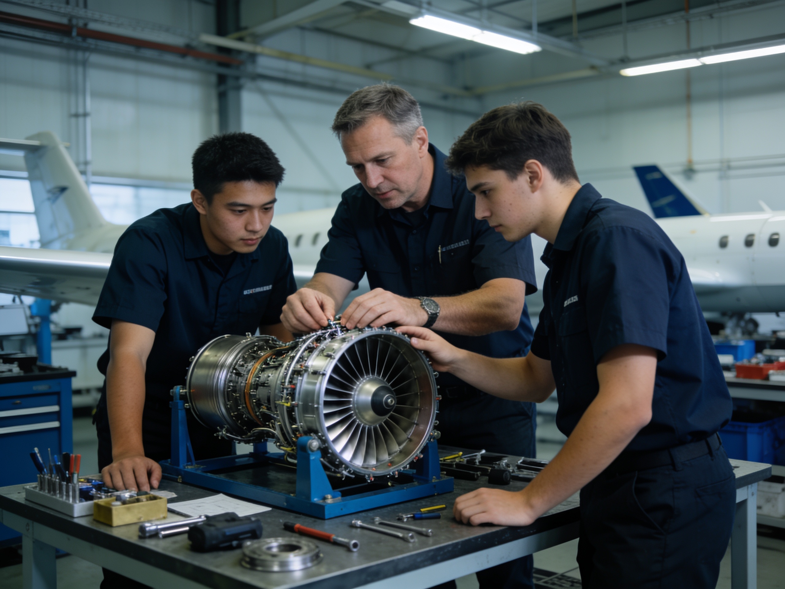 Trainee engineers working on a turbine engine module with a mentor