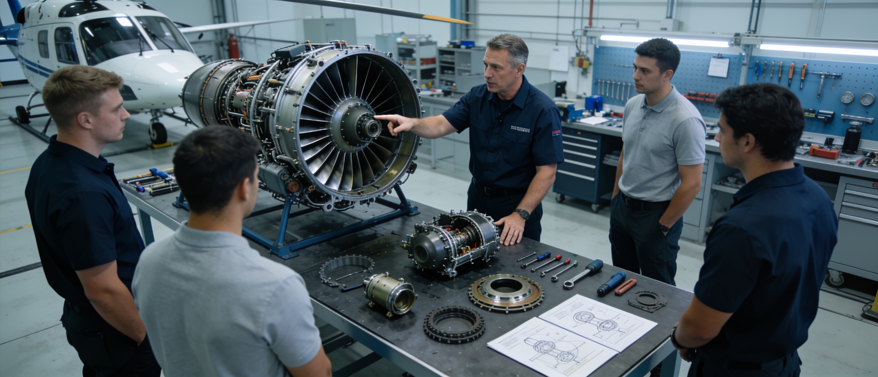 Instructor teaching trainees around a disassembled helicopter engine