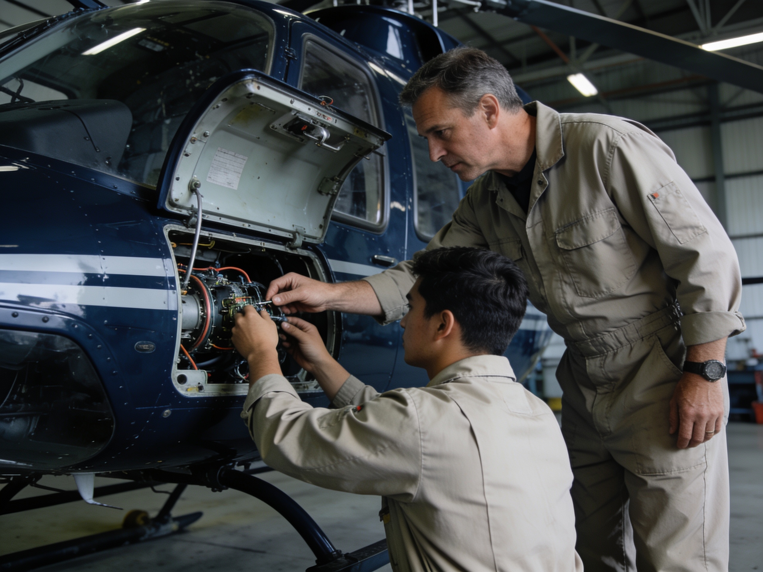 Mentor guiding a trainee technician on an aircraft inspection panel